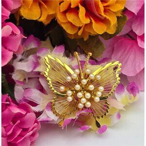 Monet Vintage Butterfly Brooch Gold Tone Faux Pearl Wire Filigree 46mm